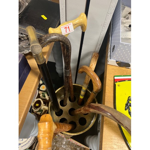 71 - Brass early 20th Century stick stand + 8 vintage walking sticks