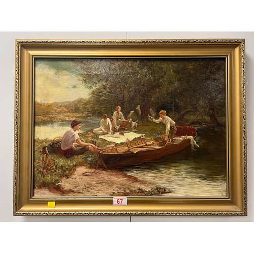 67 - Vintage oil on canvas family picnic