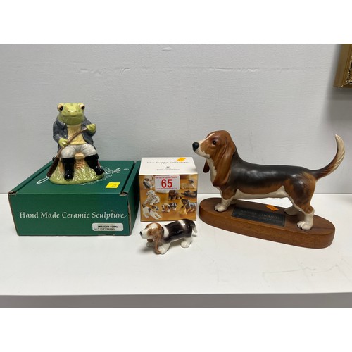 65 - Beswick bassett hound on plinth + royal copenhagen bassett hound + beswick fly fishing