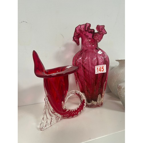 145 - 4 Pieces vintage glassware cranberry & art glass
