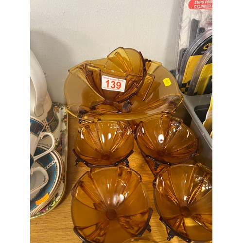 139 - Amber glass art deco dessert set + glasses