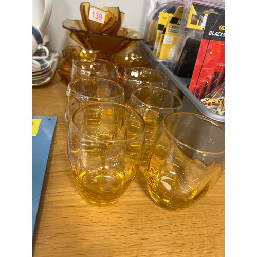 139 - Amber glass art deco dessert set + glasses