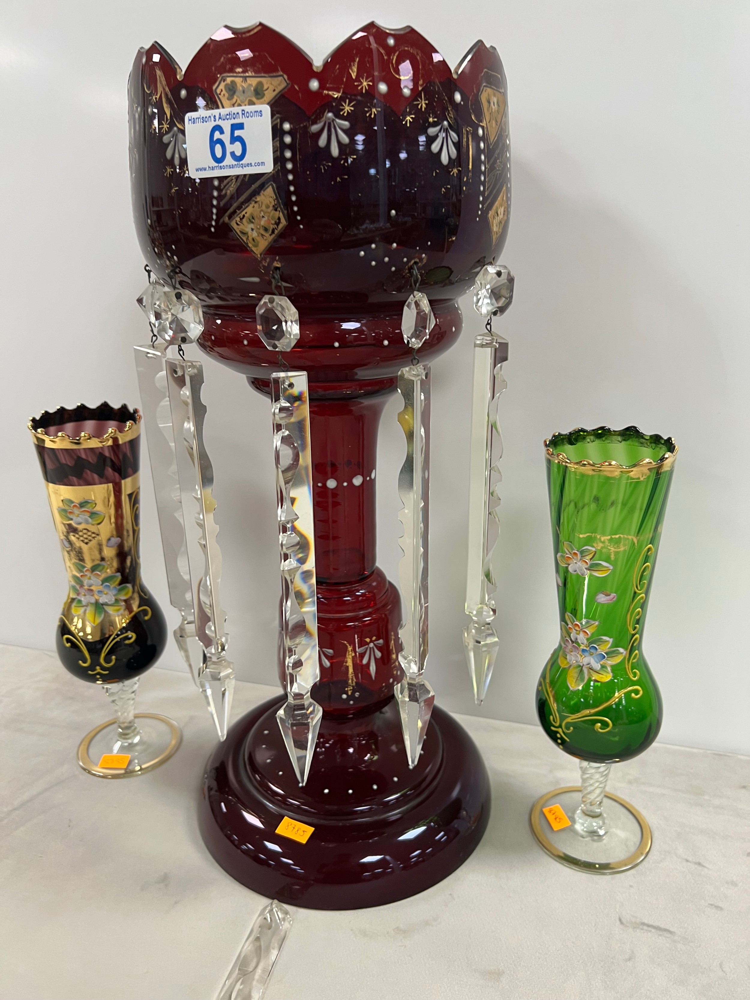 Victorian ruby lustre a/f + 2 glass bohemian vases