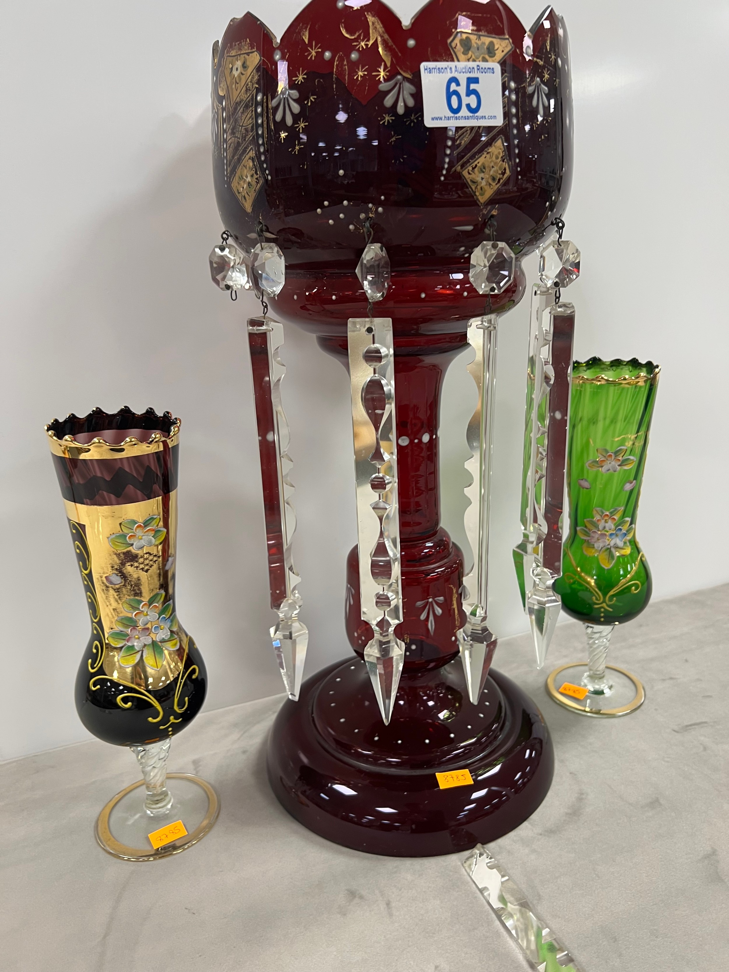 Victorian ruby lustre a/f + 2 glass bohemian vases