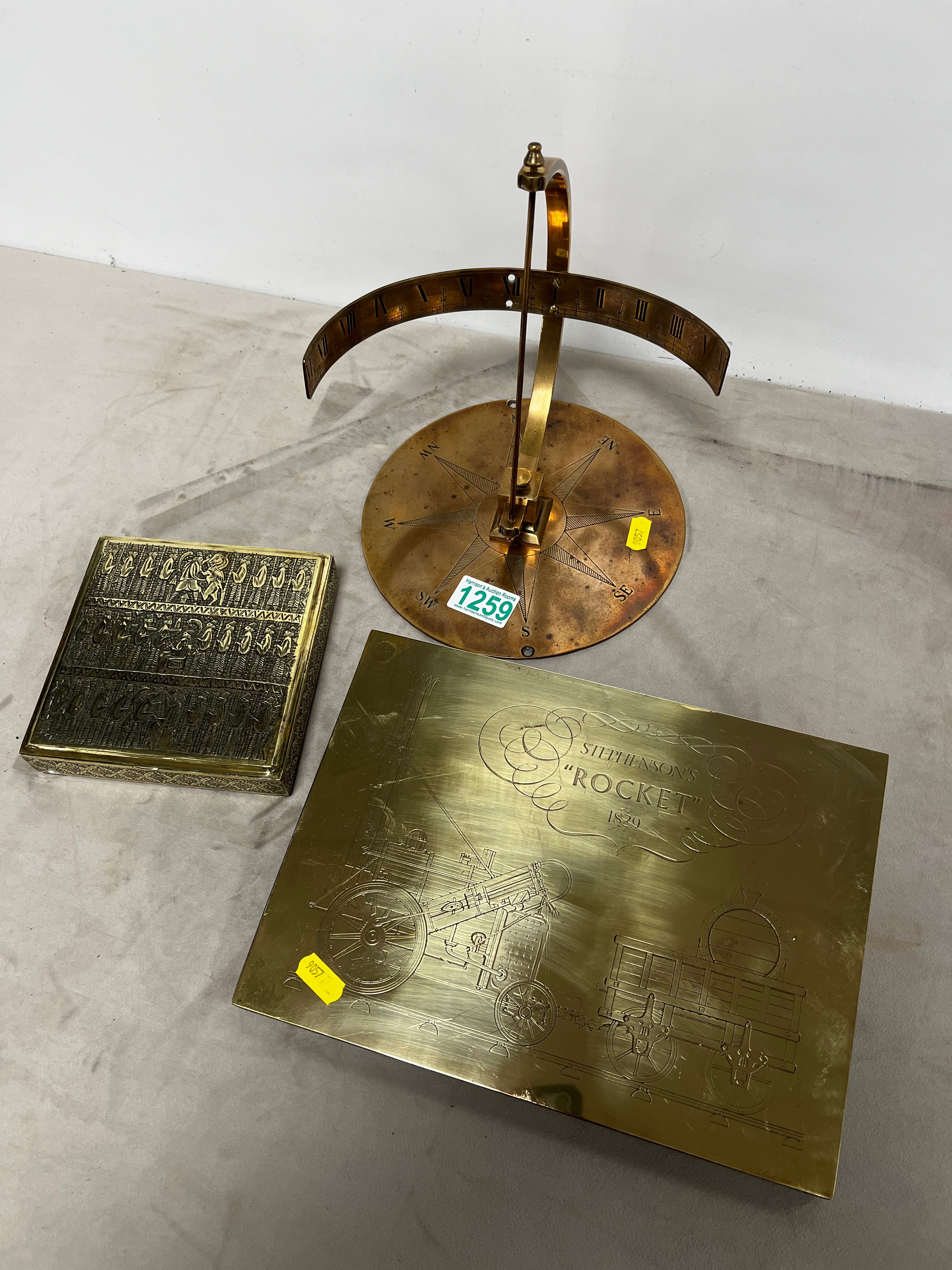 Early antique nautical sundial + brass plaques of Stephenson rocket ...