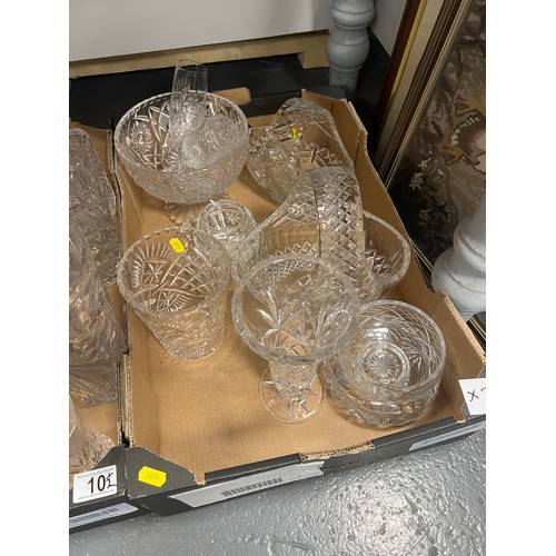 10 - 2 boxes cut glass vases , baskets etc