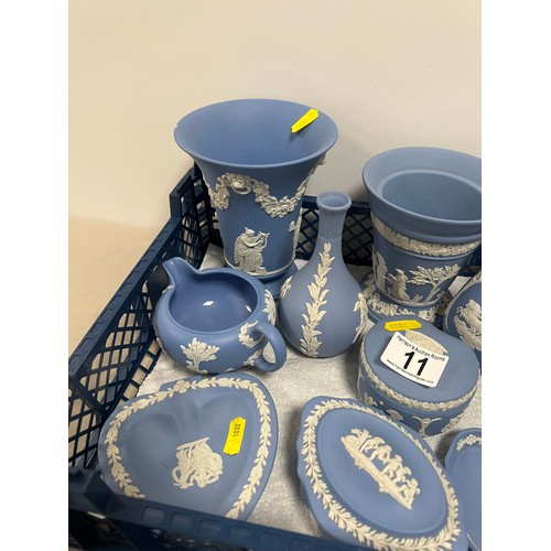 11 - Basket blue wedgwood vases trinket pots etc