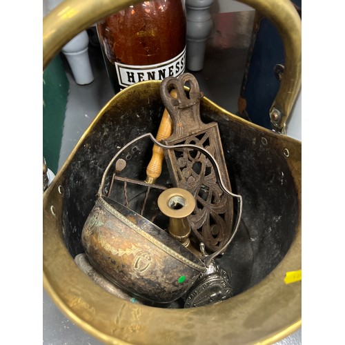 55 - Victorian brass ware + large glass Hennessy bottle