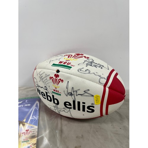 74 - Signed Wales rugby ball 2002 6 Nations at Cardiff with France + dinner menu's