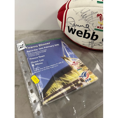 74 - Signed Wales rugby ball 2002 6 Nations at Cardiff with France + dinner menu's