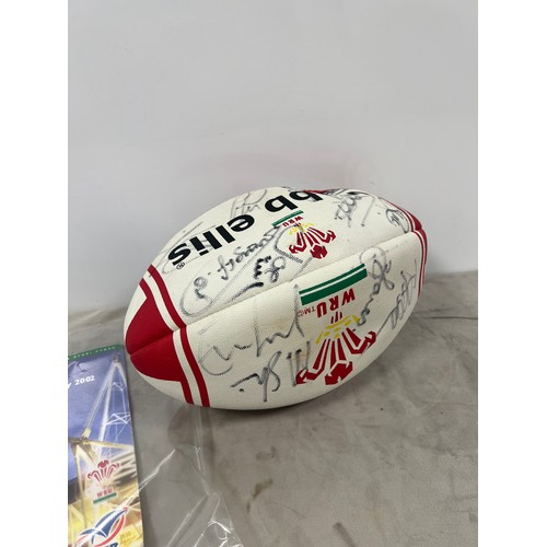 74 - Signed Wales rugby ball 2002 6 Nations at Cardiff with France + dinner menu's
