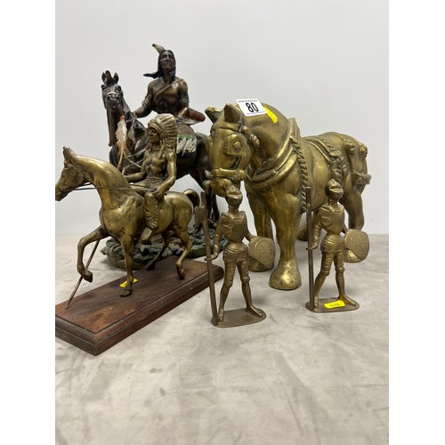 80 - Large very heavy brass shire horse brass indian on horse etc