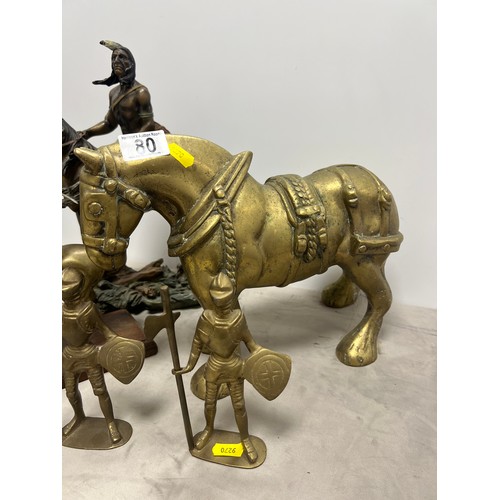 80 - Large very heavy brass shire horse brass indian on horse etc