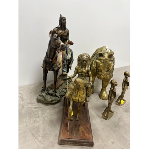 80 - Large very heavy brass shire horse brass indian on horse etc