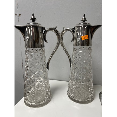 108 - Pair vintage claret jugs with pewter tops