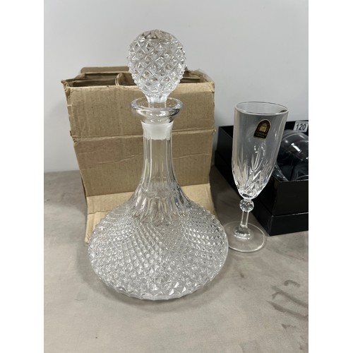 120 - Set 4 boxed sierra crystal wine glasses + ships decanter + box glasses