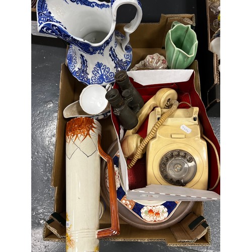 33 - Box of Victorian & later pottery + telephone & early binoculars