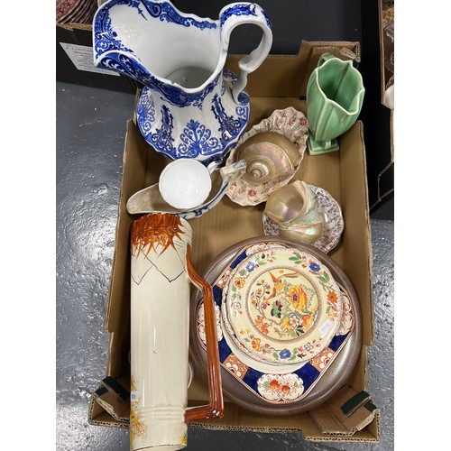 33 - Box of Victorian & later pottery + telephone & early binoculars