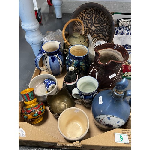 9 - Box of studio pottery & vases etc
