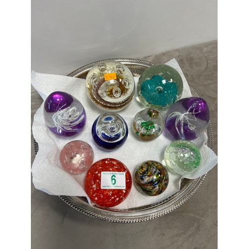 6 - Tray of 10 glass paperweights tray not inc