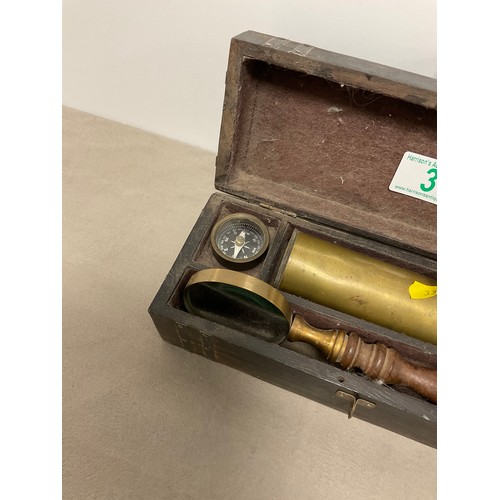 3 - Vintage brass explorers kit containing telescope, compass magnifying glass in a fitted wooden box