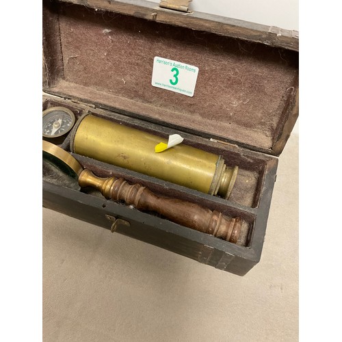 3 - Vintage brass explorers kit containing telescope, compass magnifying glass in a fitted wooden box