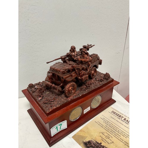 17 - Danbury mint “ Desert Raiders The SAS Jeep” bronze effect sculpture on plinth with Silver six pence.
