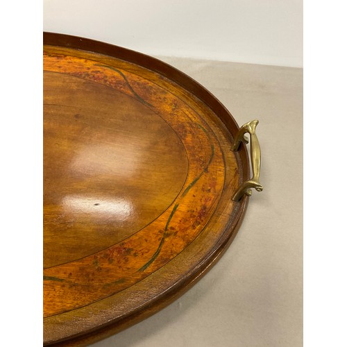 23 - Vintage Edwardian Oval inlaid Serving tray with brass handles