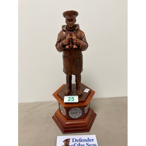 25 - Danbury mint “ Defenders of the sea” Bronze effect sculpture on wooden plinth with coin inset.