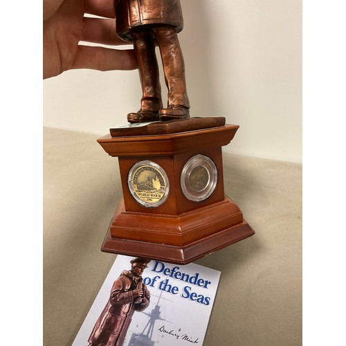 25 - Danbury mint “ Defenders of the sea” Bronze effect sculpture on wooden plinth with coin inset.