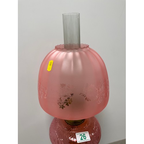 26 - Victorian cranberry glass oil lamp, shade and funnel