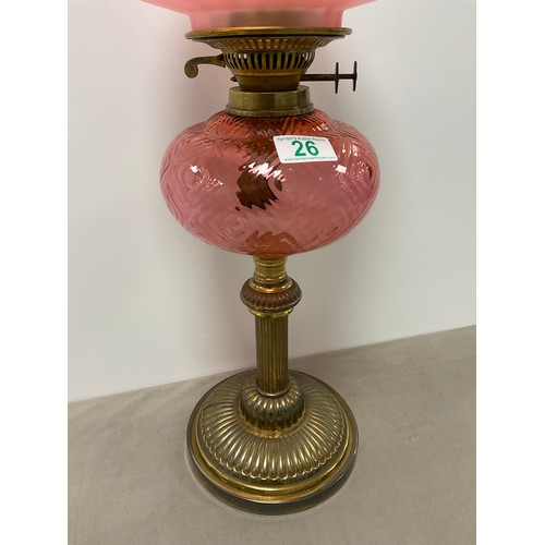 26 - Victorian cranberry glass oil lamp, shade and funnel