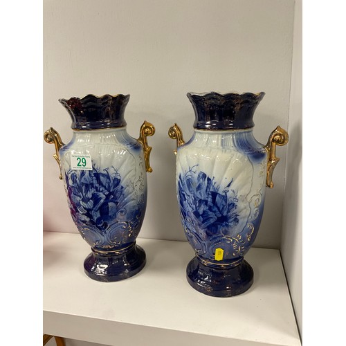 29 - 2 large Victorian style blue and white Vases with gilt handles