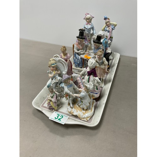 32 - Tray vintage Continental porcelain figurines. Tray not included