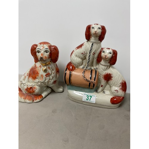 37 - Pair of Staffordshire dogs + Staffordshire dog flat back