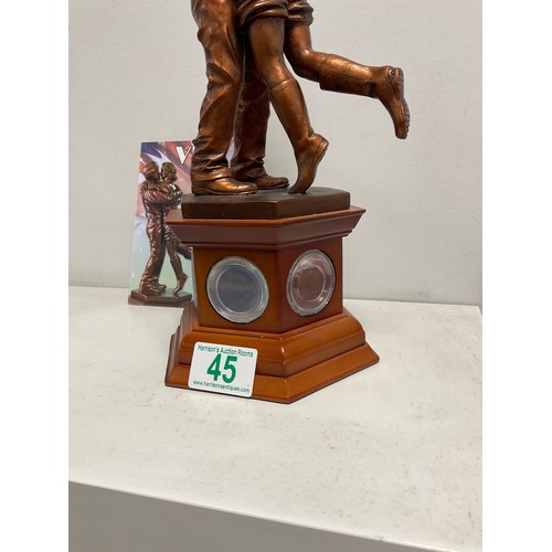 45 - Danbury mint” VE DAY” bronze effect sculpture on wooden plants set with coins