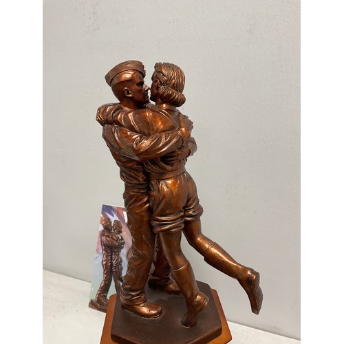 45 - Danbury mint” VE DAY” bronze effect sculpture on wooden plants set with coins