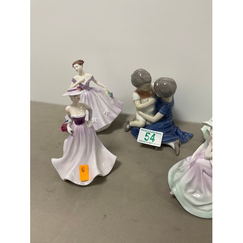 54 - Four Coalport Lady figures + Bing & Grondahl children embracing figure