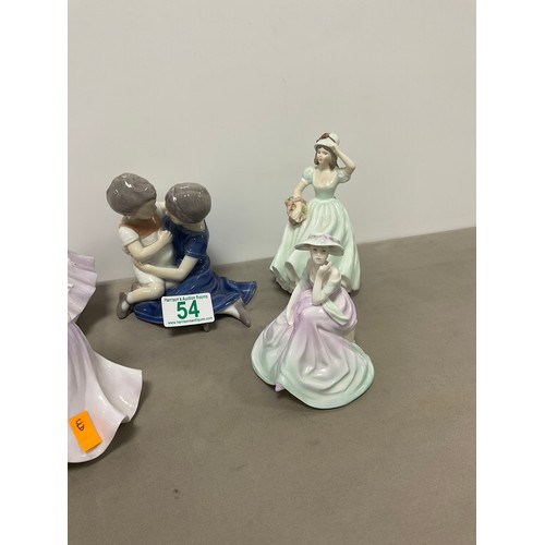 54 - Four Coalport Lady figures + Bing & Grondahl children embracing figure