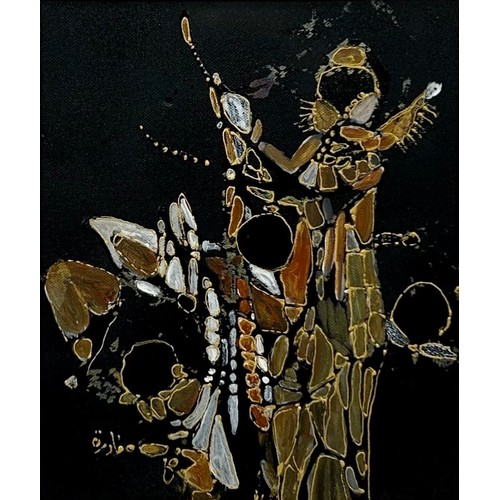 37 - Nadira Azzouz (Iraqi/British 1927-2020), 'Harlequins', 2009, oil on canvas, framed, signed in Arabic... 