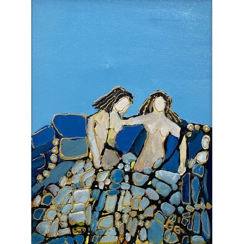 67 - Nadira Azzouz (Iraqi/British 1927-2020), 'Two Mermaids', 2009, mixed media on canvas, framed, signed... 