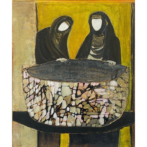 103 - Nadira Azzouz (Iraqi/British 1927-2020), 'Arab Women Cooking', 2005, oil on canvas, framed, signed i... 