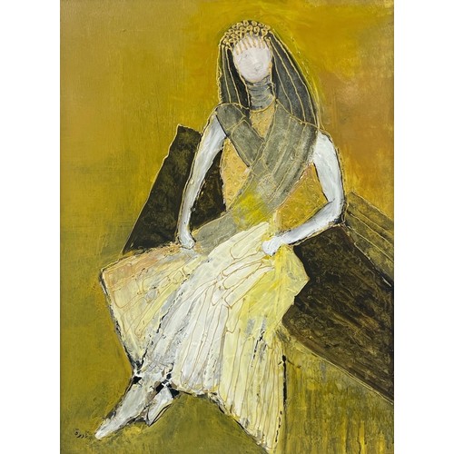 109 - Nadira Azzouz (Iraqi/British 1927-2020), 'Seated Woman', 2007, acrylic on hardboard, framed, signed ... 