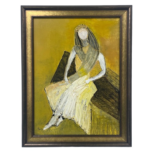 109 - Nadira Azzouz (Iraqi/British 1927-2020), 'Seated Woman', 2007, acrylic on hardboard, framed, signed ... 