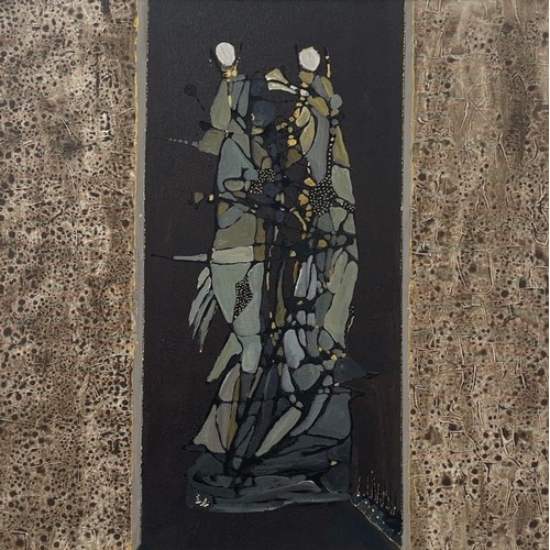 111 - Nadira Azzouz (Iraqi/British 1927-2020), 'Out Of The Bar', 2005, mixed media on canvas, framed, sign... 