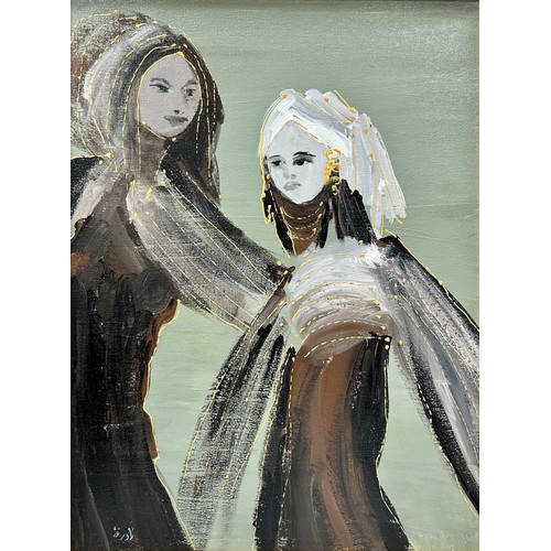 66 - Nadira Azzouz (Iraqi/British 1927-2020), 'Mother and Daughter', 2008, acrylic on canvas, framed, sig... 