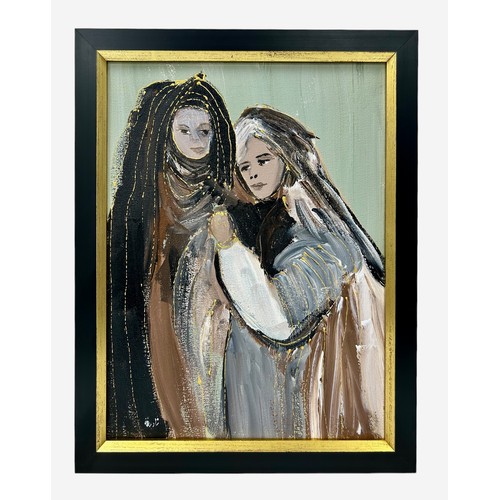 65 - Nadira Azzouz (Iraqi/British 1927-2020), 'Leaning on Me', 2009, mixed media on canvas, framed, signe... 