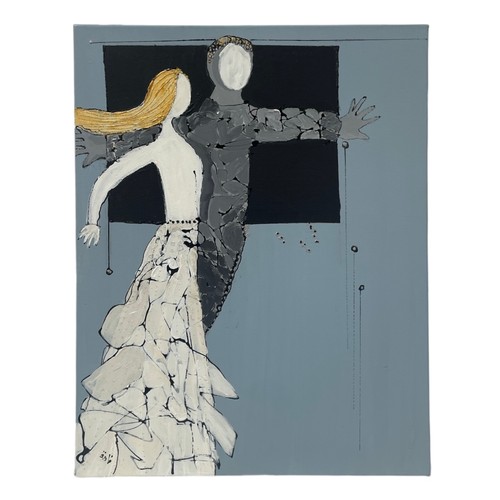 147 - Nadira Azzouz (Iraqi/British 1927-2020), 'Young Lovers', 2012, mixed media on canvas, unframed, sign... 