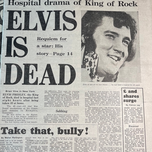 18 - A collection of eleven 'Death of Elvis Presley' 1977 UK headline newspapers, 41 x 32 x 2cm. (11)FOOT... 