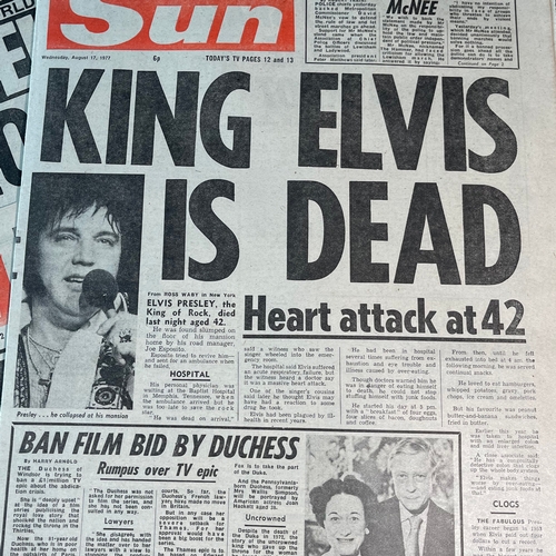 18 - A collection of eleven 'Death of Elvis Presley' 1977 UK headline newspapers, 41 x 32 x 2cm. (11)FOOT... 